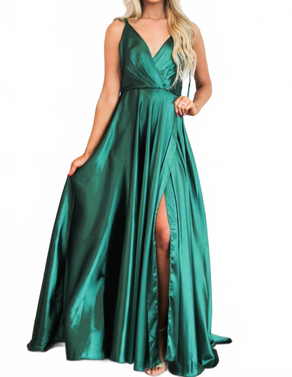 NEW CINDERELLA DIVINE born to love you satin slit formal dress in emerald
